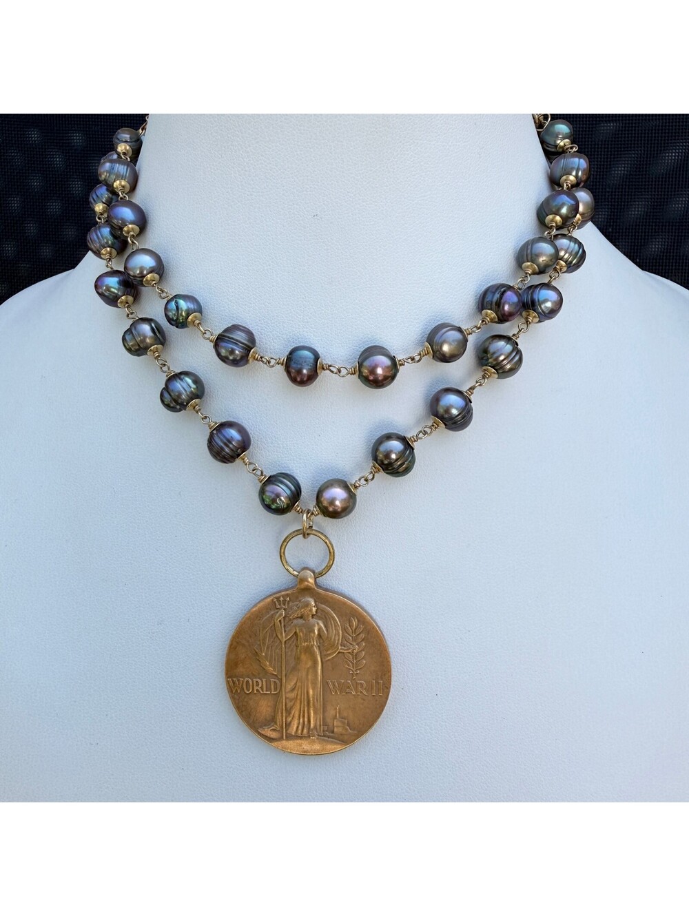 Vintage WWII Victory Medal Pendant. Handmade Peacock Freshwater Pearls Necklace.